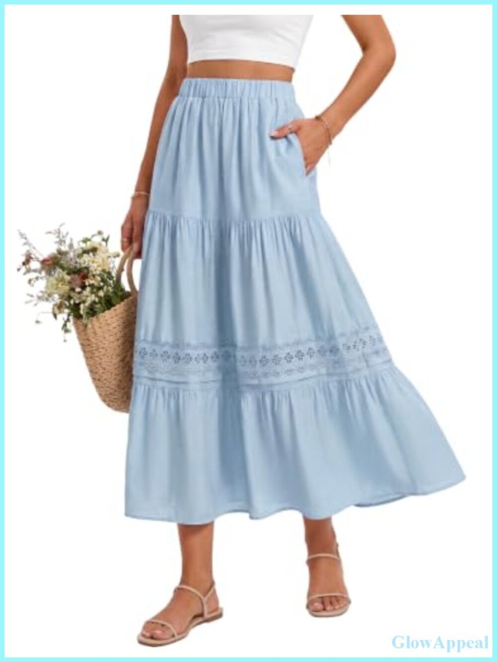 Flowy High Rise Maxi Skirt with Pockets Boho Casual